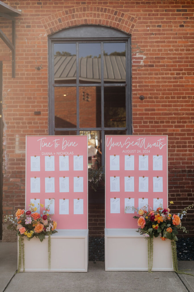Seating chart at Empire Mills wedding.