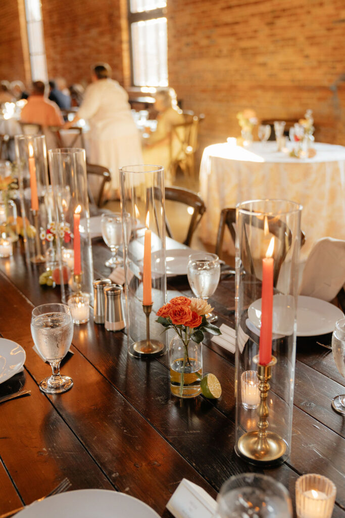 Reception table design at Empire Mills wedding.